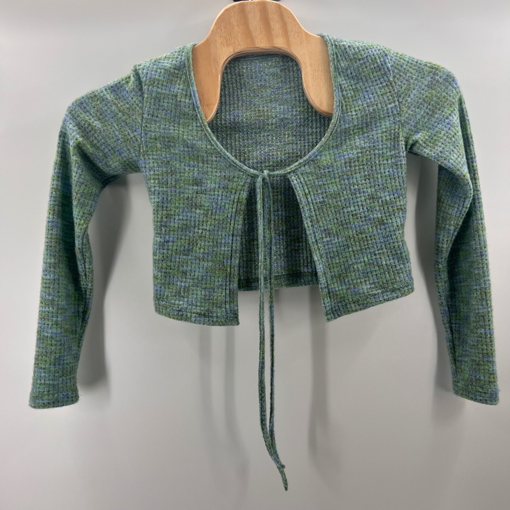 Dazy Knit Open Front Tie Cardigan‎ Green Blue Marled Women's Size M